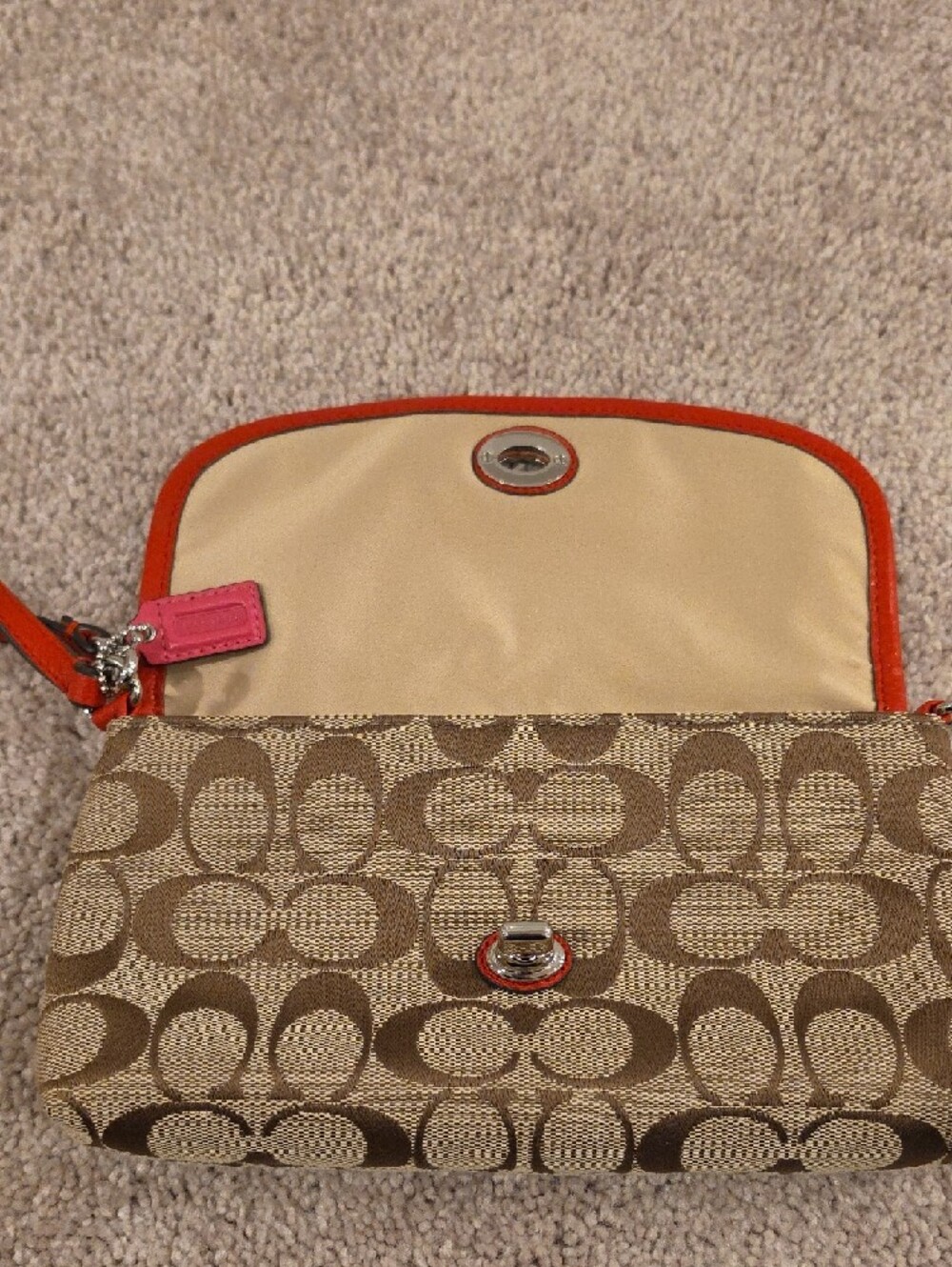 Coach Signature Canvas Wristlet in Brown with Orange Trim - Picture 9 of 9